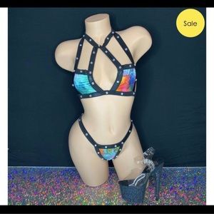 Rainbow rhinestone thong bikini